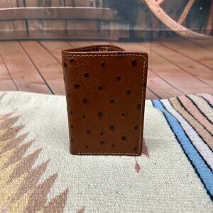 Brown Ostrich-Print Leather Tri-Fold Wallet